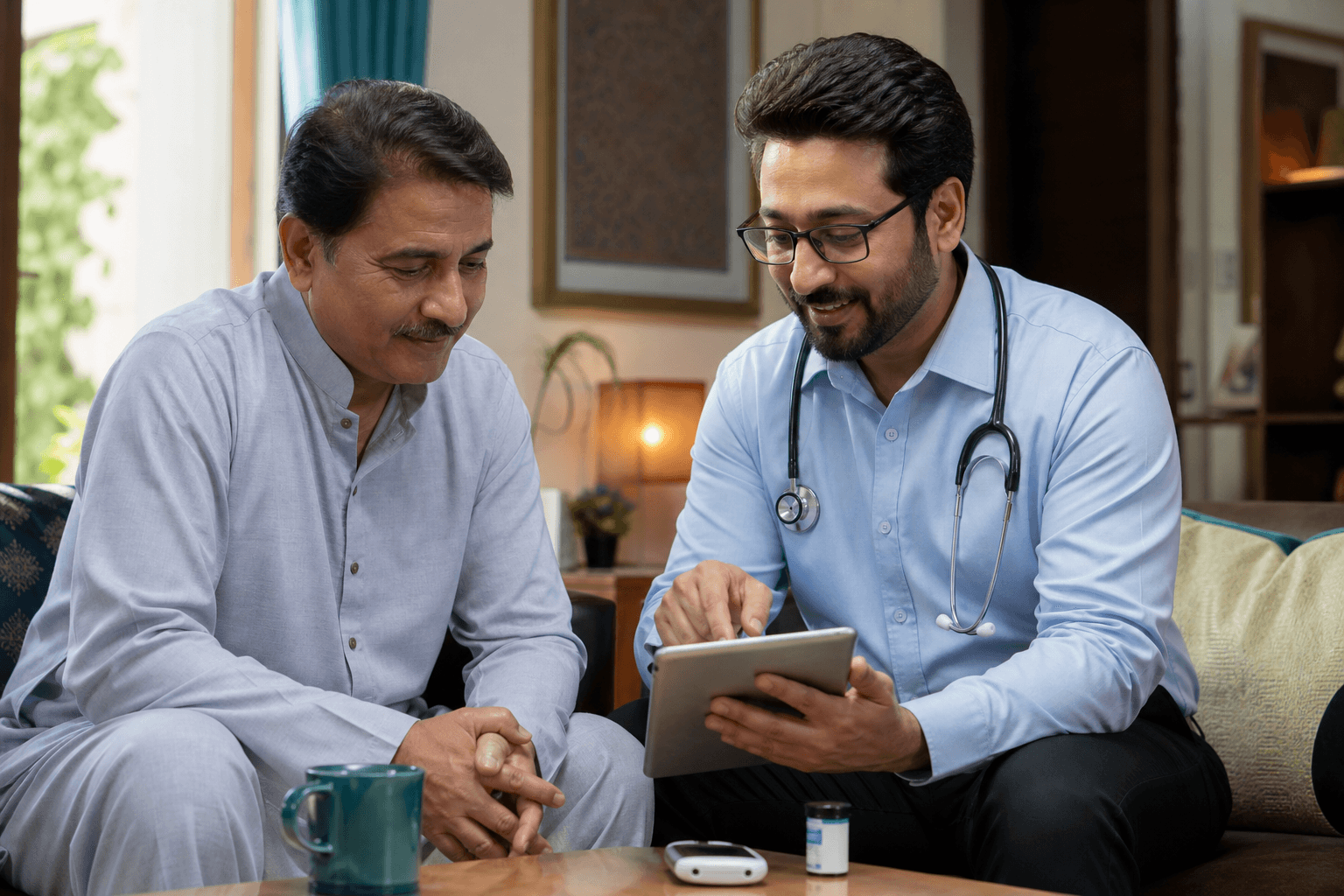 Healthcare professional discussing diabetes care with a patient at home