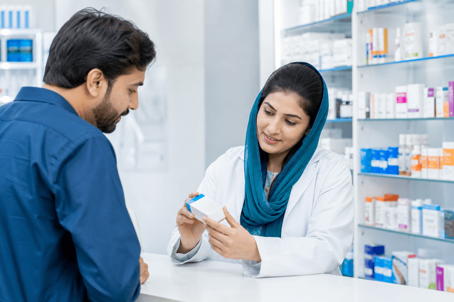 Pharmacy shelves and healthcare products