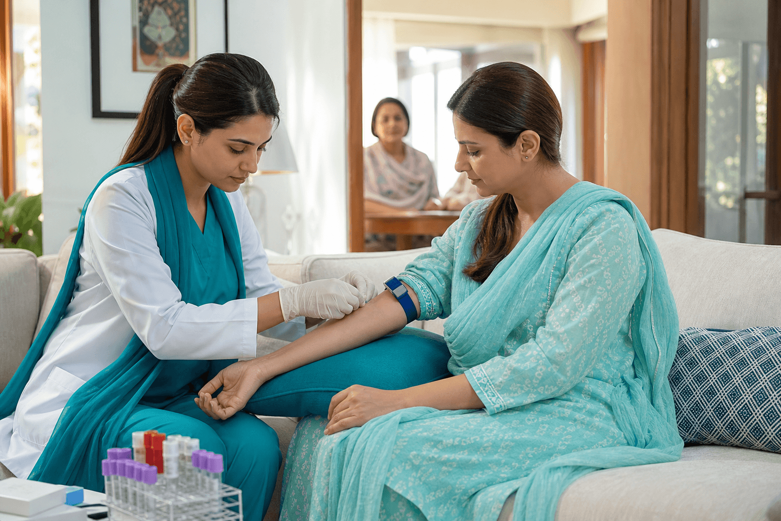 Healthcare professional collecting a lab sample at a patient's home
