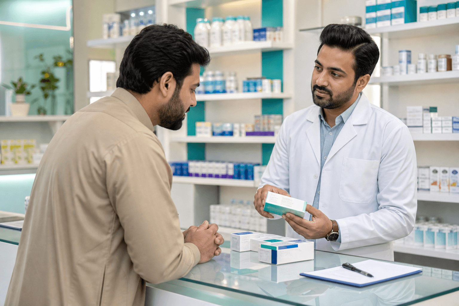 Pharmacist helping a customer in a modern Pakistani pharmacy